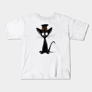 Funny Black Oriental Cat in a Steampunk Hat and Brass Goggles Kids T-Shirt